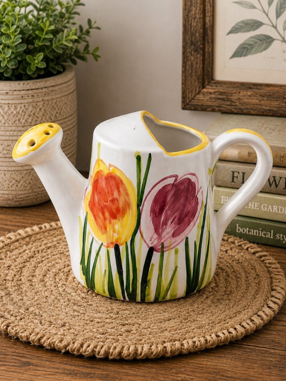 Vintage Italian Hand Painted Ceramic Watering Can Vase Tulip Floral Pitcher 5"